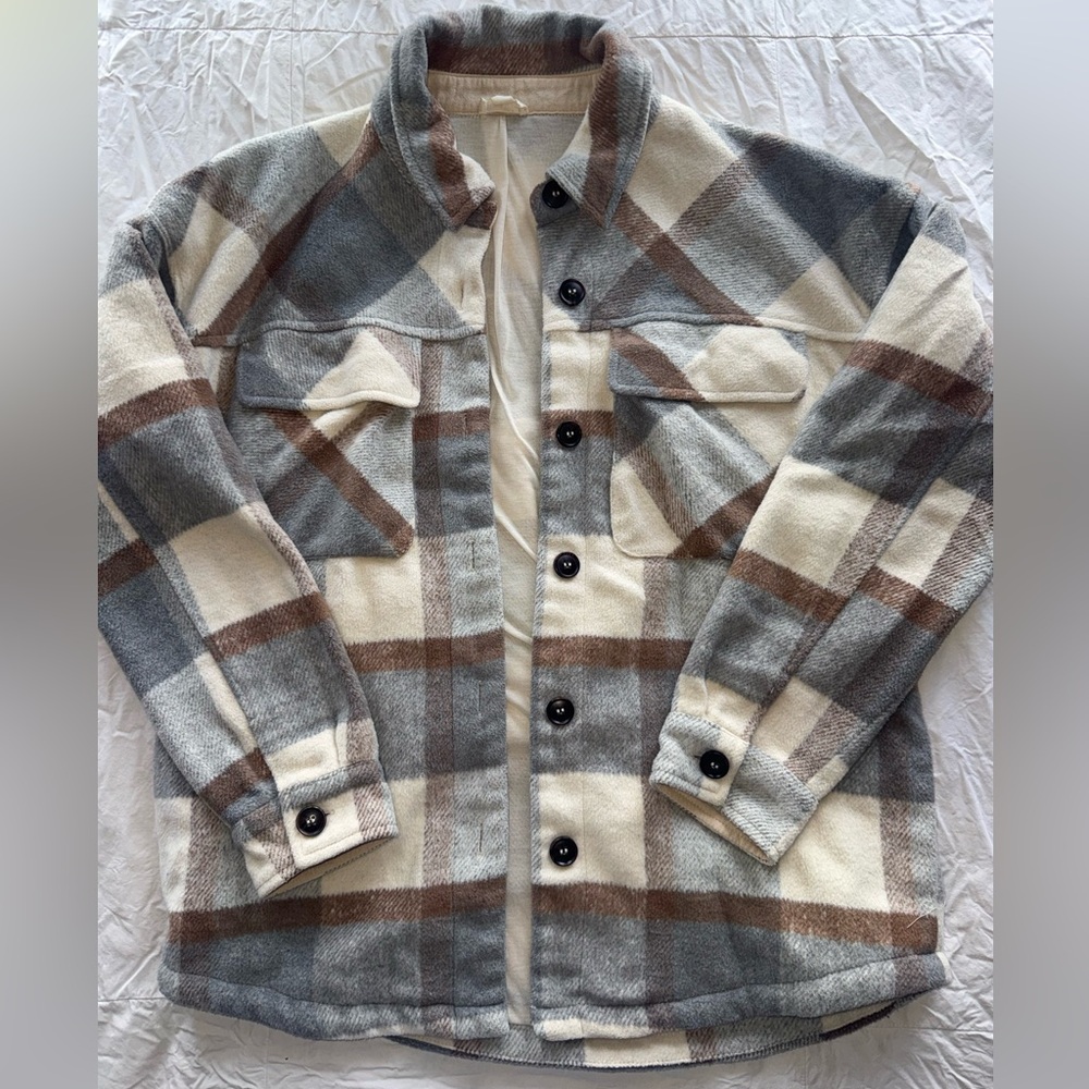 Hem & Thread Cream and Tan Plaid Shacket